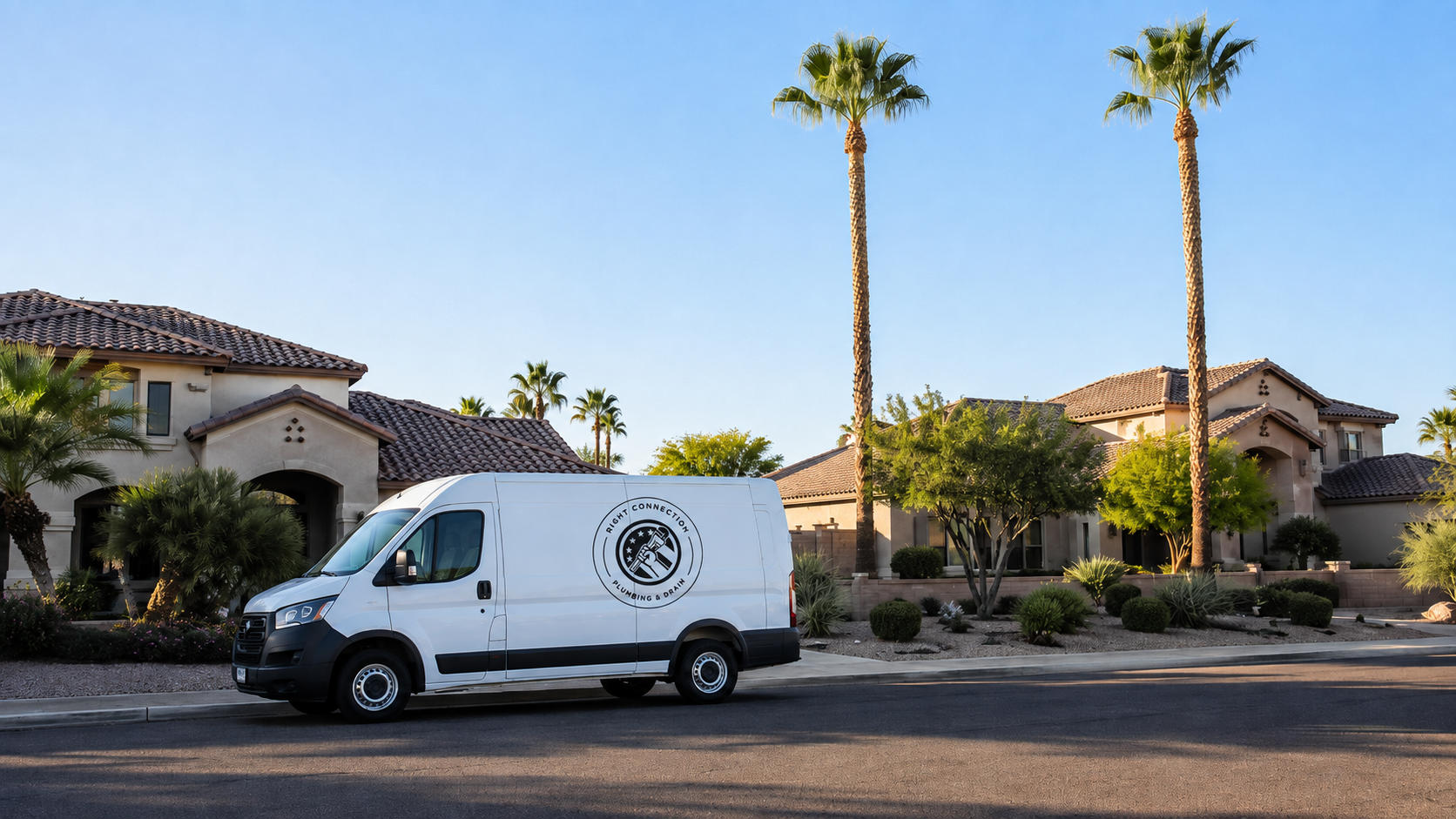 Right Connection Plumbing service van in Las Vegas neighborhood