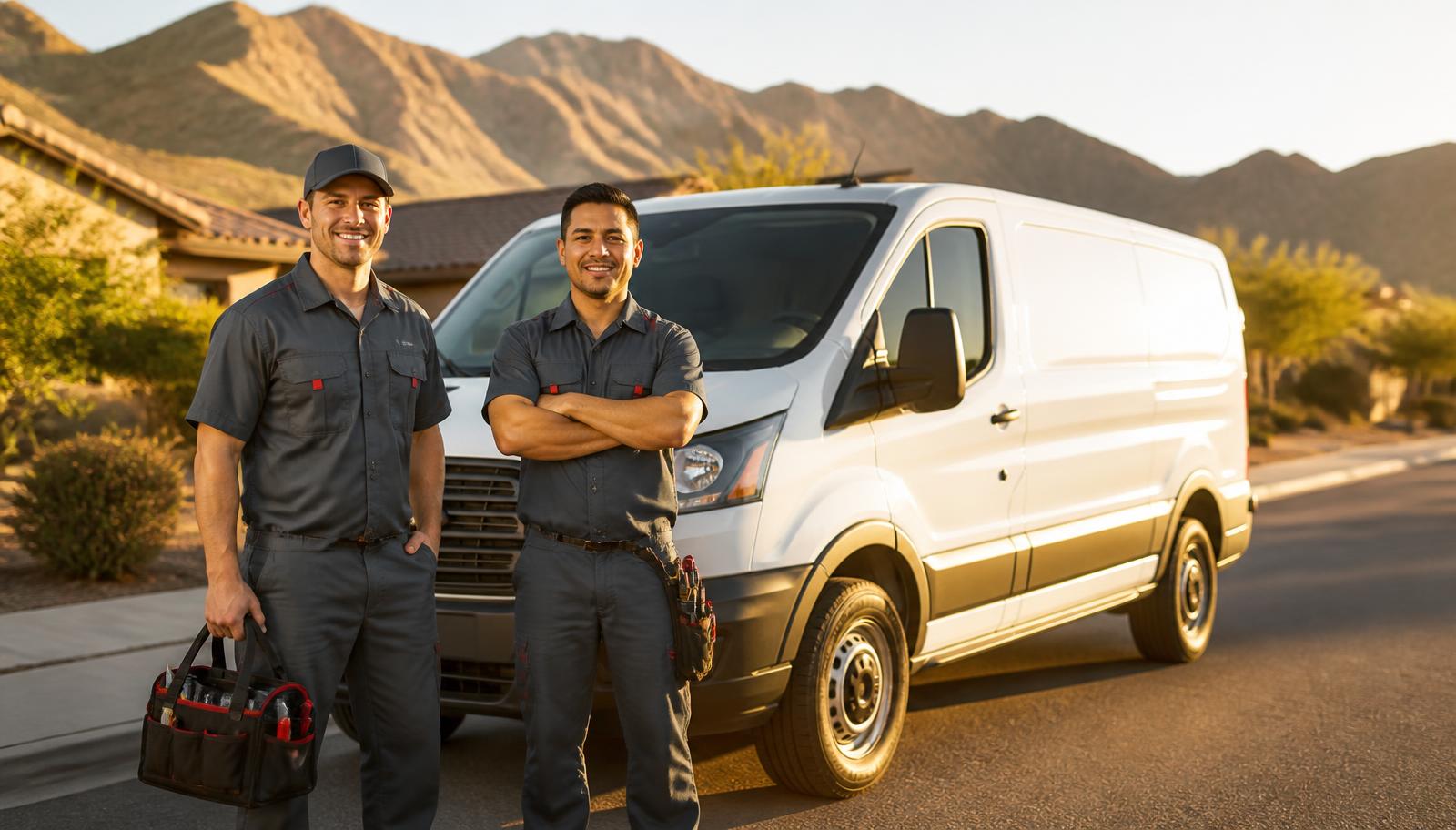 Right Connection Plumbing technician unloading drain cleaning equipment from a service van on a quiet Boulder City, Nevada street