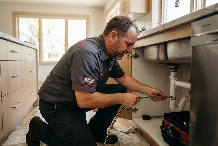 Technician performing drain services at a Las Vegas home