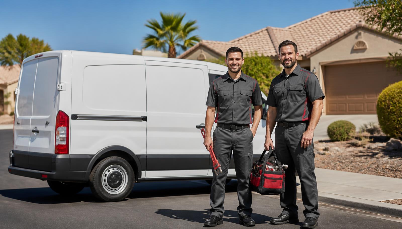 Plumber servicing a water heater outside a newer Enterprise, Nevada home with a plumbing service van parked in the driveway