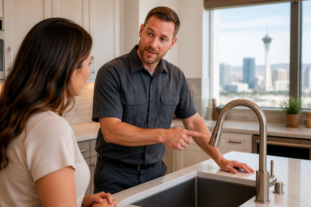 Right Connection Plumbing & Drain technician answering homeowner questions in a Las Vegas kitchen