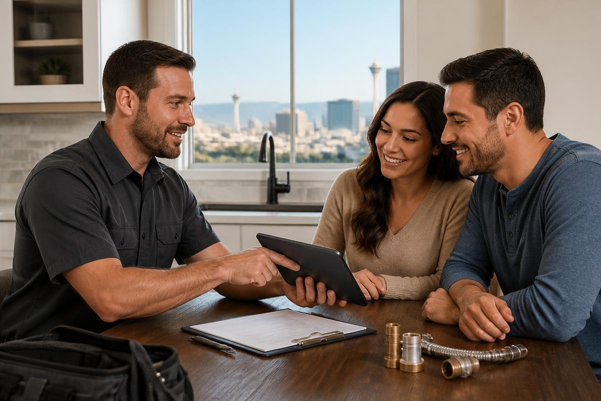 Homeowner reviewing plumbing financing options with a Right Connection technician
