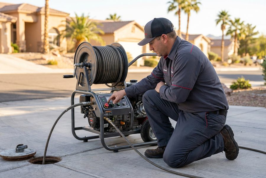 Technician performing hydro jetting at a Las Vegas home