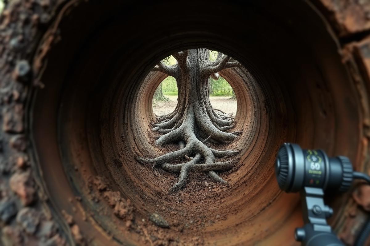 Root intrusion visible in a sewer camera image