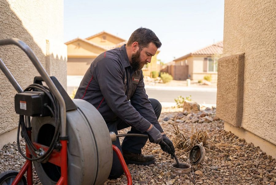 Technician performing sewer cleaning at a Las Vegas home