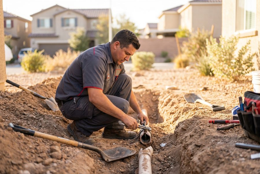 Technician performing sewer repair at a Las Vegas home