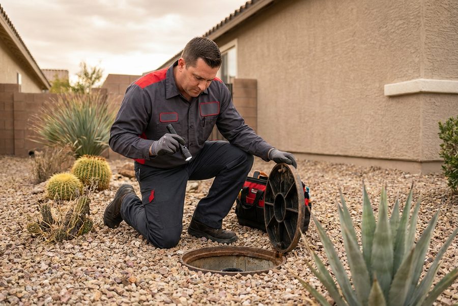 Technician performing sewer & pipe repair at a Las Vegas home