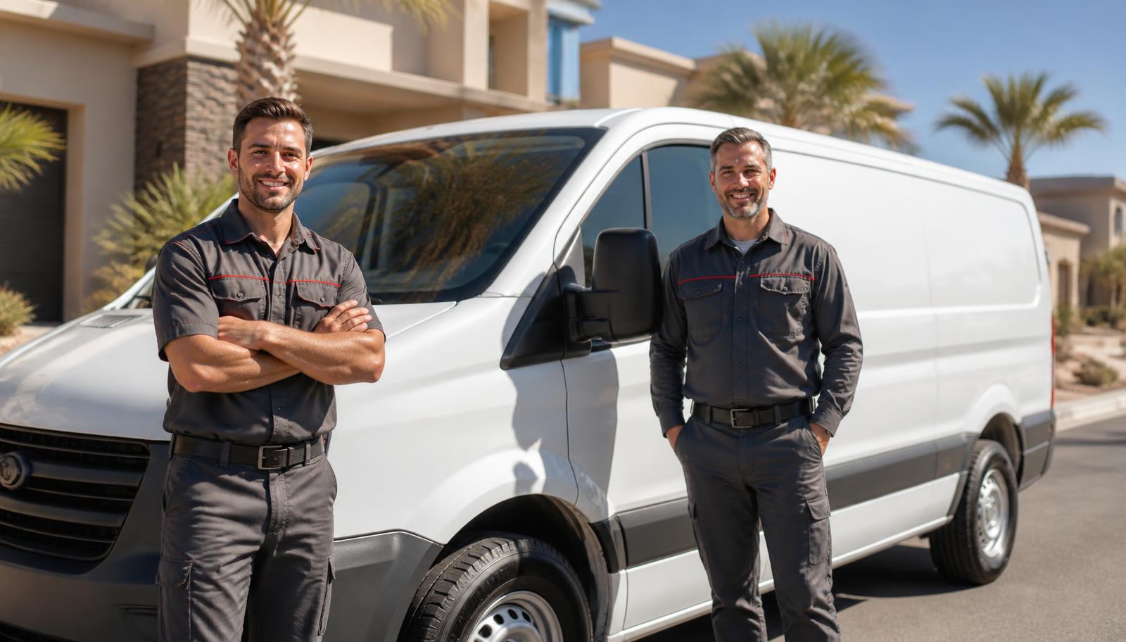 Plumber checking a water softener and main shutoff at a Summerlin South, Nevada home with red rock foothills behind