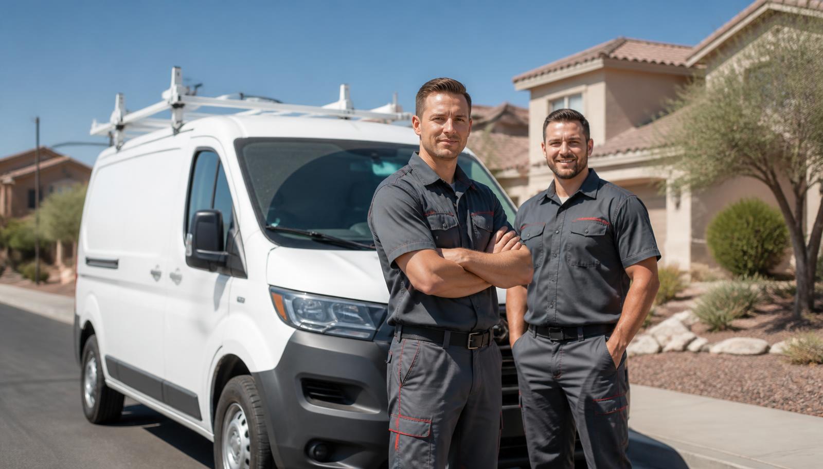 Plumbing technician repairing an older sewer line at a Sunrise Manor, Nevada home with a service van parked nearby