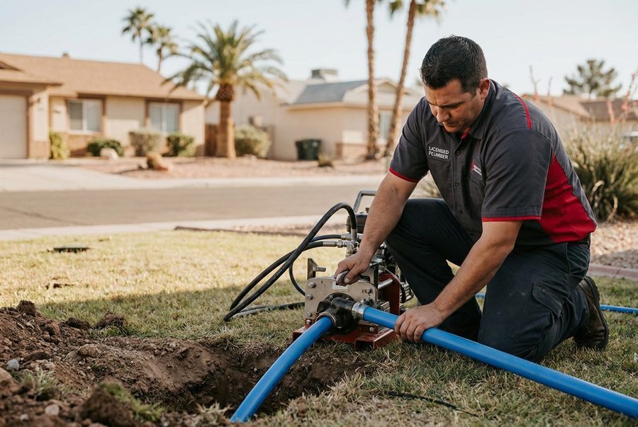Technician performing trenchless sewer replacement at a Las Vegas home